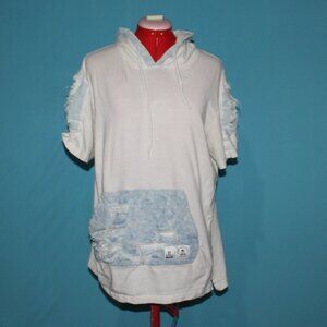 Denim Accented Short Sleeve Shirt W/ Hood & Pocket